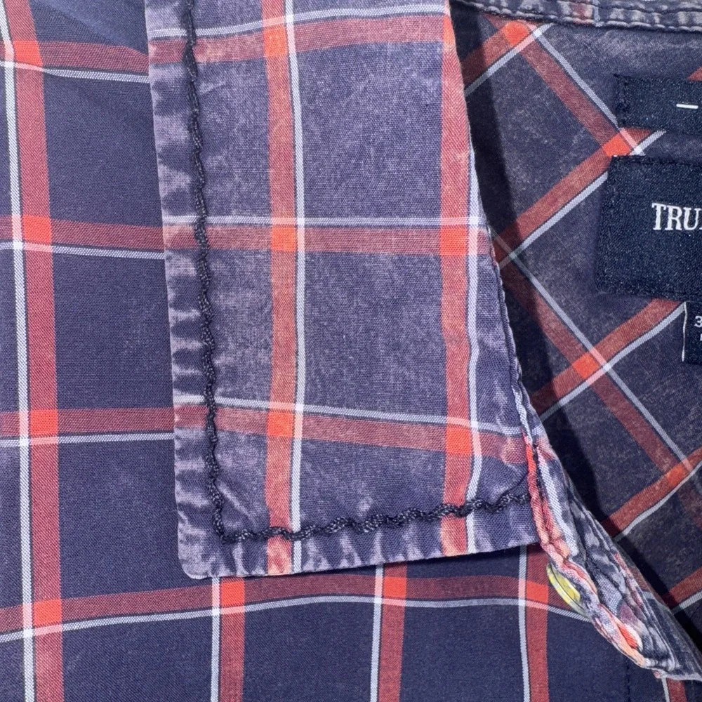 True Religion Men Button Up Shirt 3XL Blue Check Slim Fit Pocket Short Sleeve‎